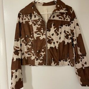 Cowhide Print Brown and Cream Suede Jacket - Women